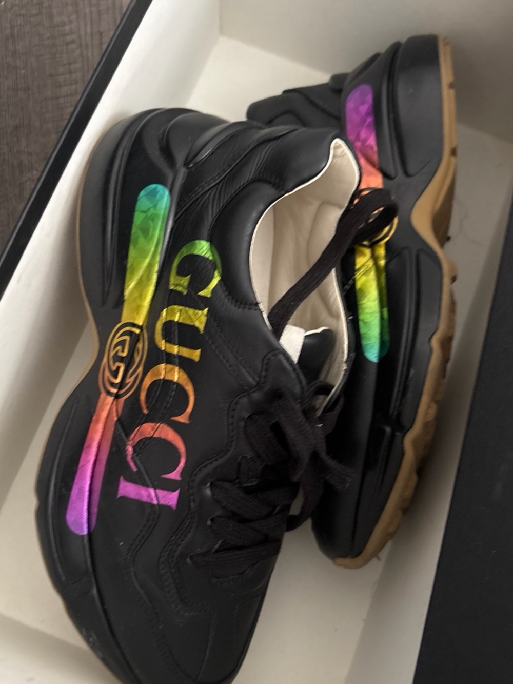 Gucci Black Leather Kids Sneakers with Rainbow Logo Accents